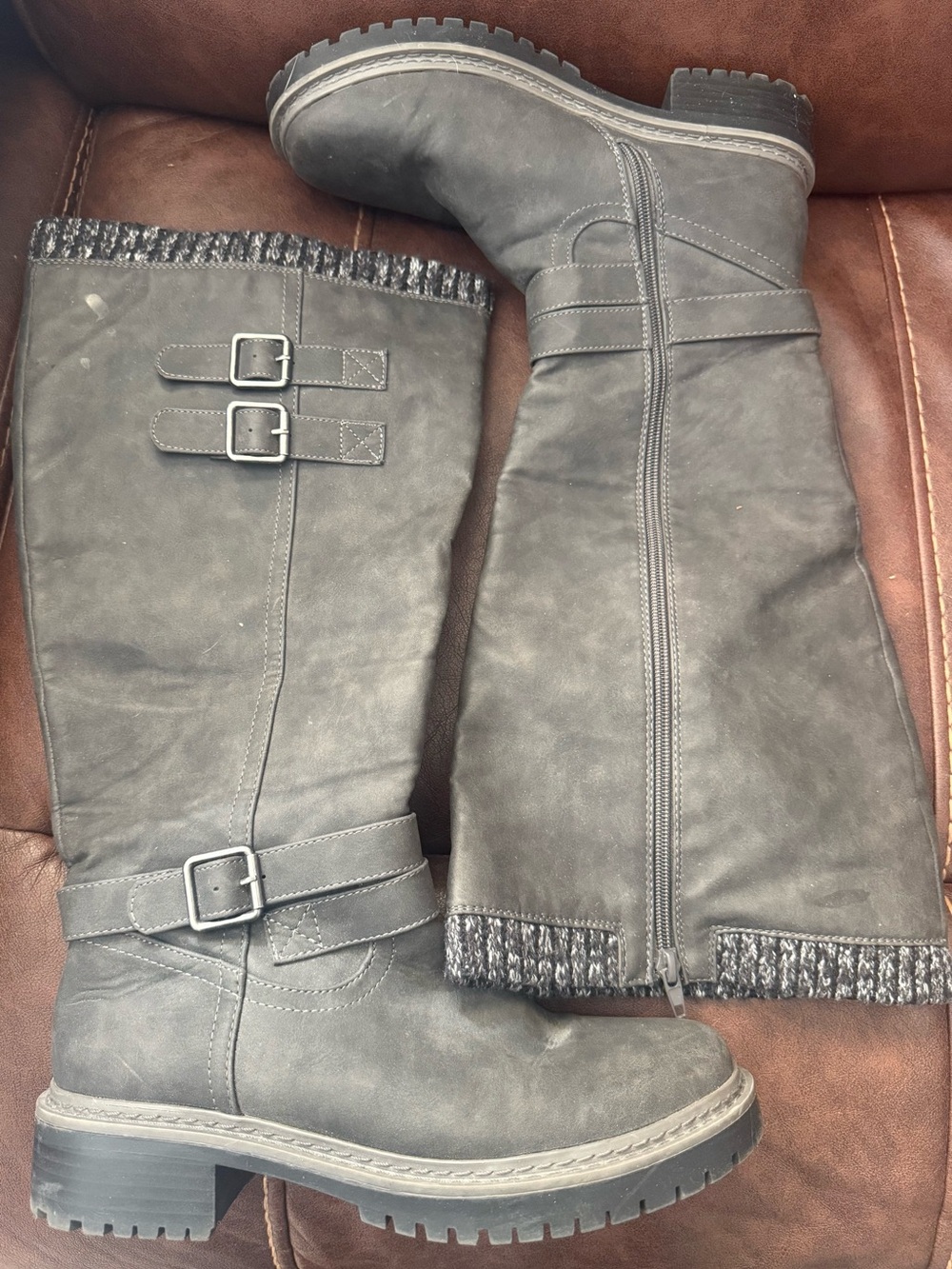 JustFab Gray Knee-High Buckle Knit-Trim Boots